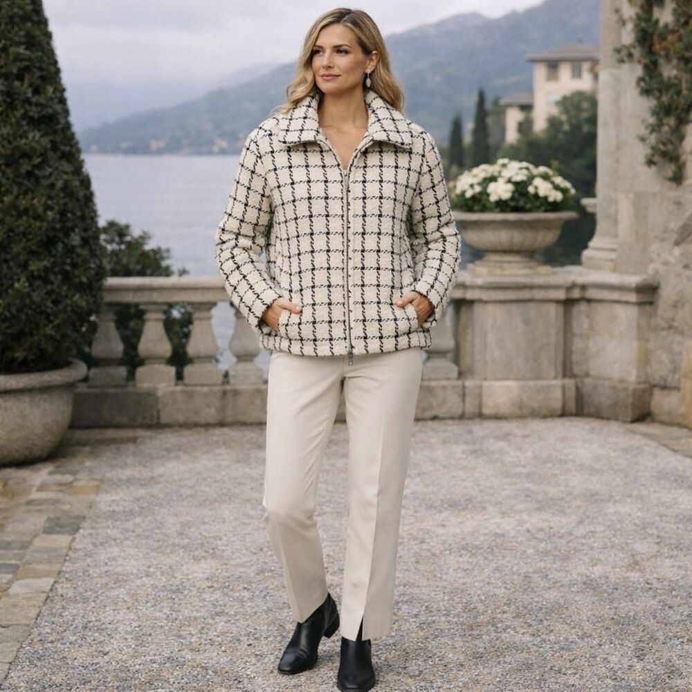 JASON WU New Women’s MEDIUM Quiet Luxury Ivory Plaid Tweed‎ PUFFER Jacket Cozy